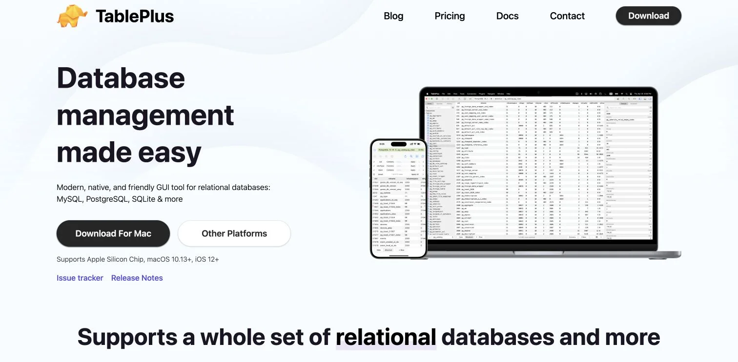 TablePlus homepage presenting its native database management application